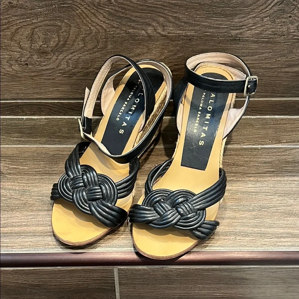 Palomitas Brand Leather Black Wedge Espadrilles with Ankle Strap